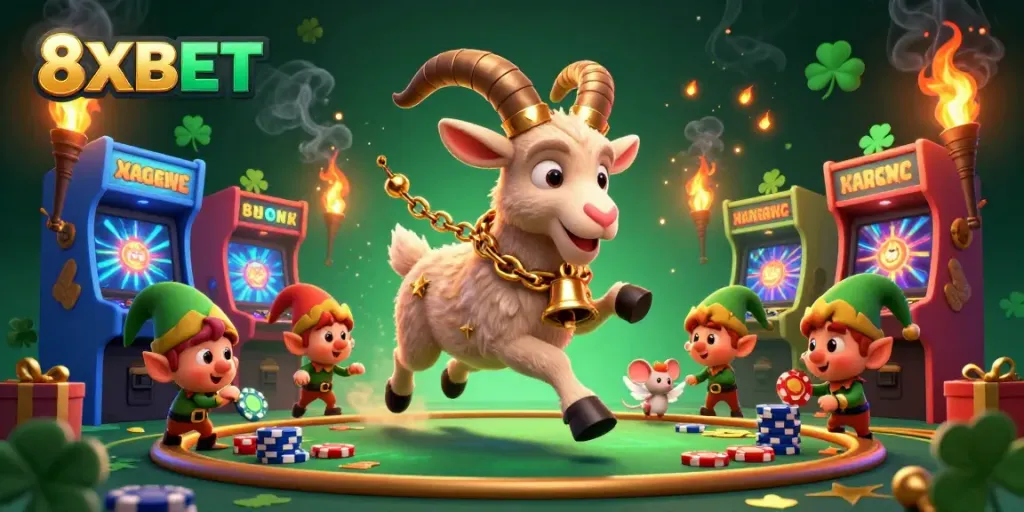 Experience fun at 8XBET with a dynamic 3D casino scene showcasing playful characters and gaming excitement.