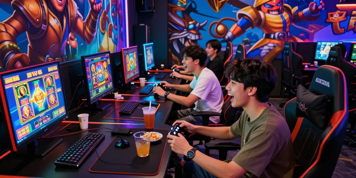 Exciting online gaming environment with players engaging in bandar slot games, vibrant atmosphere and colorful setups.