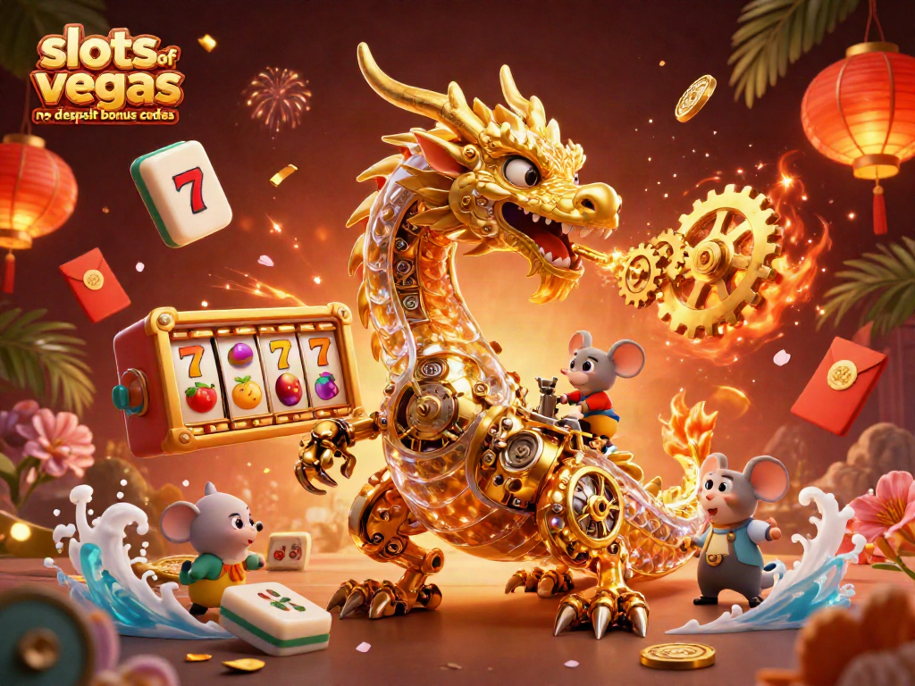Spinning slots of vegas no deposit bonus codes with a golden dragon and festive decorations depicting casino excitement.