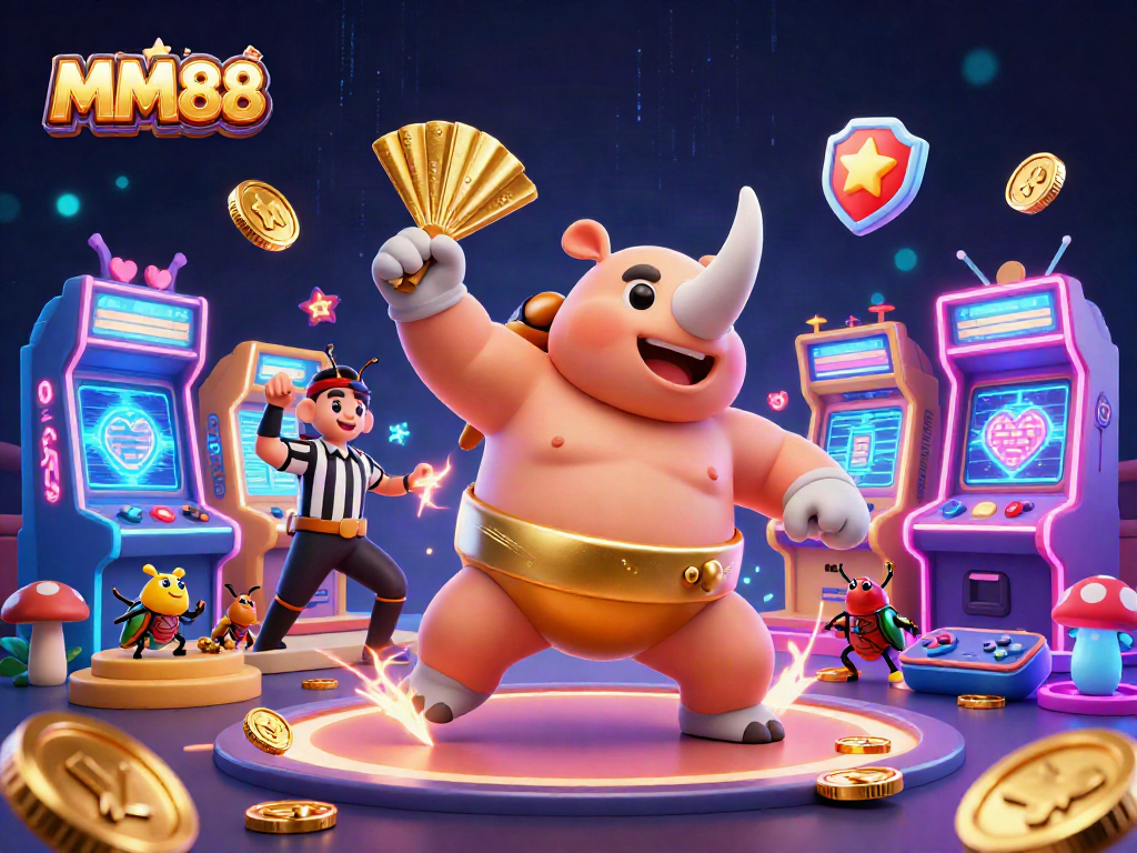 Experience the excitement of MM88 with a dynamic illustration featuring a rhinoceros beetle sumo champion and vibrant casino elements.