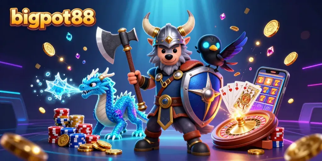 Gambarkan kejayaan bigpot88 dengan ilustrasi kasino penuh semangat dan elemen kemenangan.