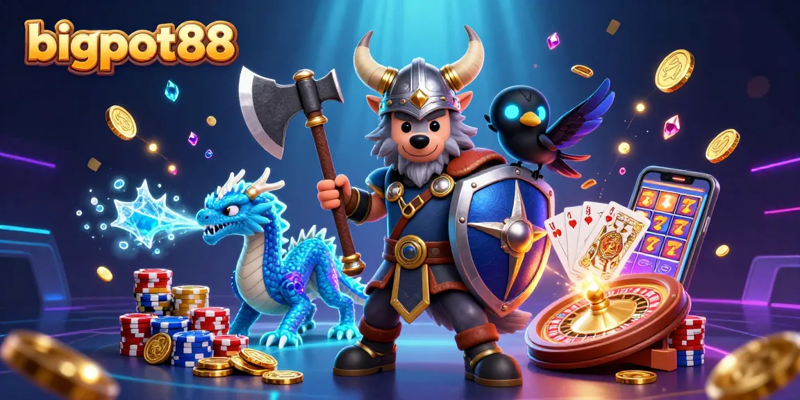 Gambarkan kejayaan bigpot88 dengan ilustrasi kasino penuh semangat dan elemen kemenangan.