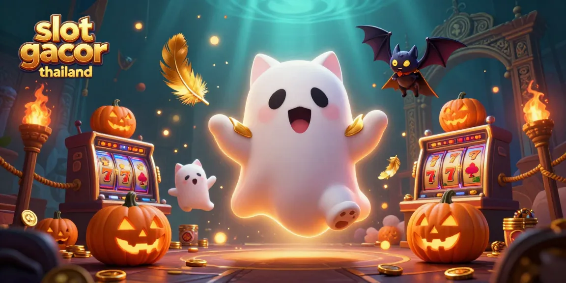 Spin to win at slot gacor thailand with a friendly ghost cat and glowing jack-o-lanterns.
