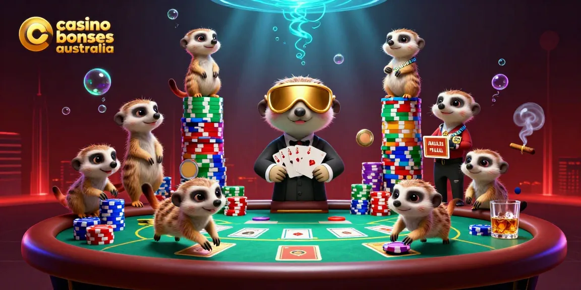 Engaging scene of meerkats managing a casino, illustrating casino bonuses Australia for online players.