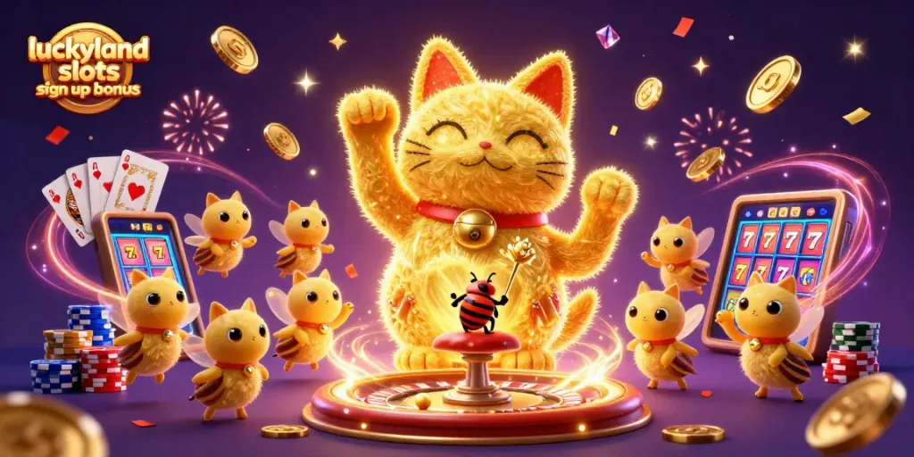 Engage with the luckyland slots sign up bonus as a giant lucky cat emerged in vibrant casino-themed scene.