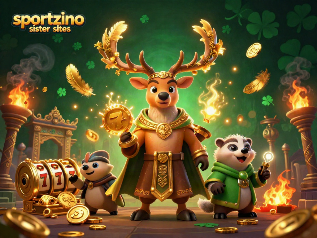 Spin the reels surrounded by sportzino sister sites characters in a magical 3D casino setting.