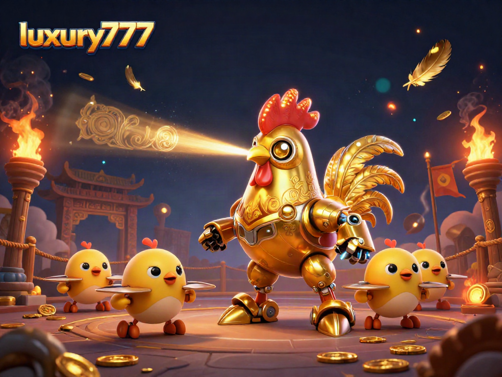Permainan luxury777 dengan robot ayam emas dan drone anak ayam yang menarik perhatian di arena taruhan.