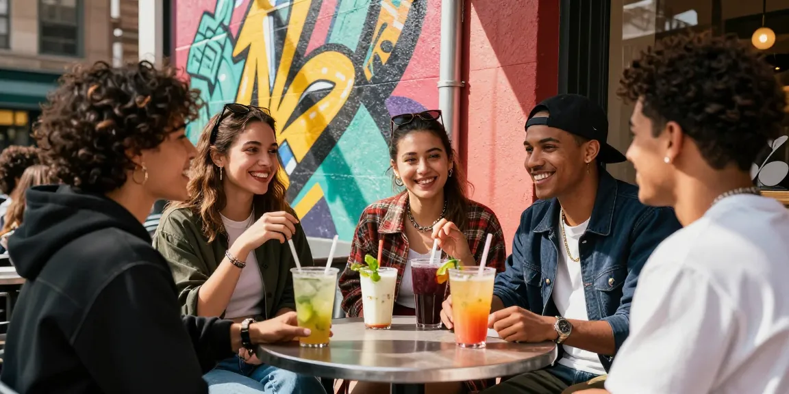 Akunjp lifestyle moment with friends in vibrant streetwear at a café terrace.