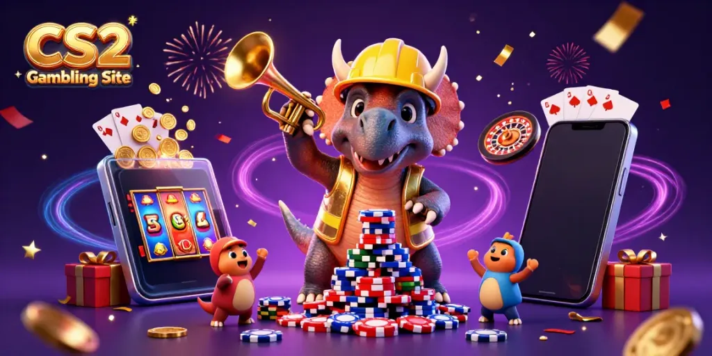 Experience the excitement of a CS2 Gambling Site with a lively 3D illustration featuring joyful dinosaurs and casino elements.