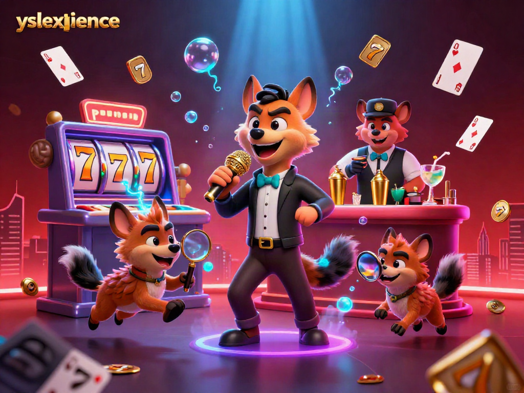 Engage with yslexperience in a vibrant scene with hyenas portraying a lively casino atmosphere.