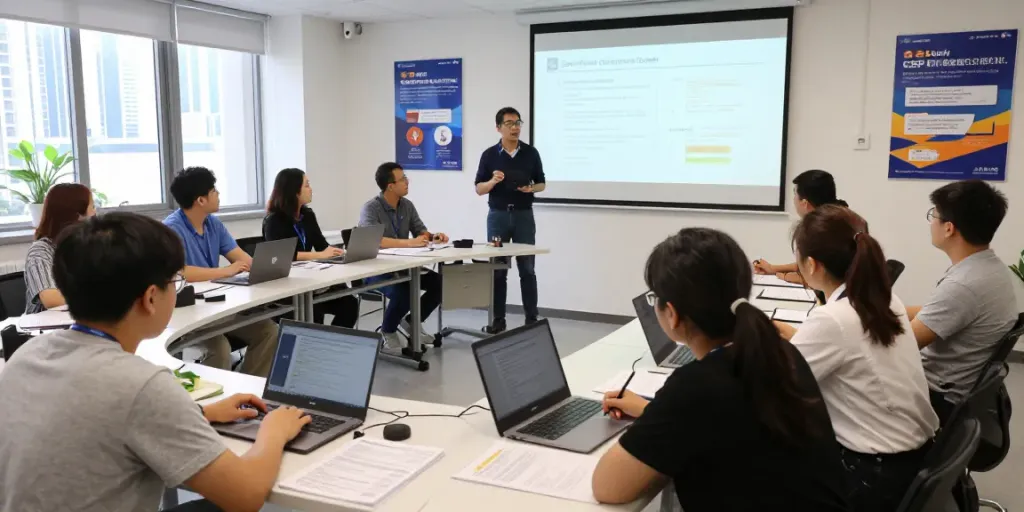CSP Certification training session with diverse participants engaged in learning activities, modern classroom environment.