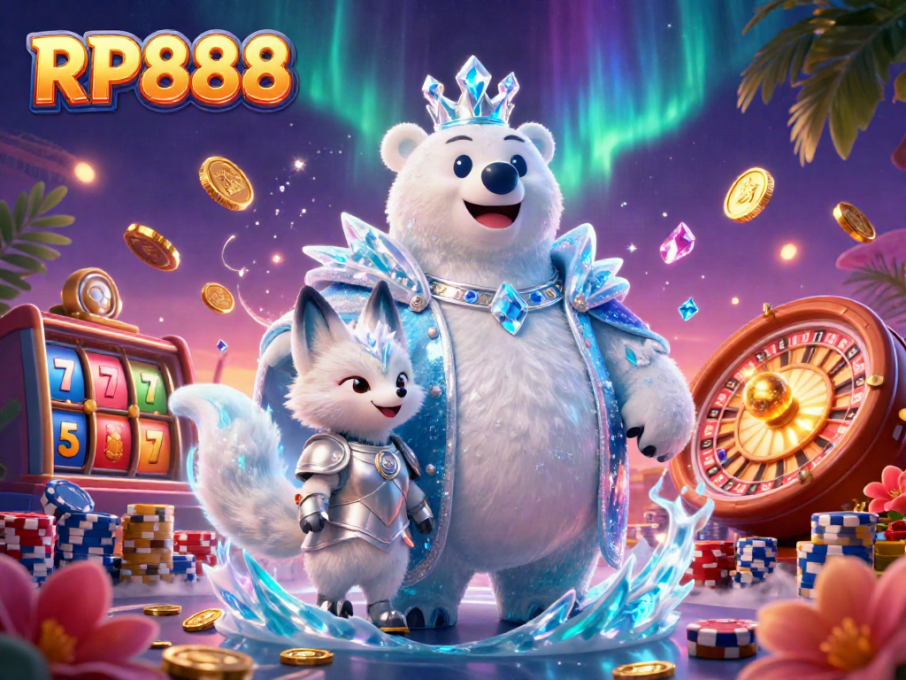 Experience the excitement of RP888 Casino with dynamic slot reels and charming characters.