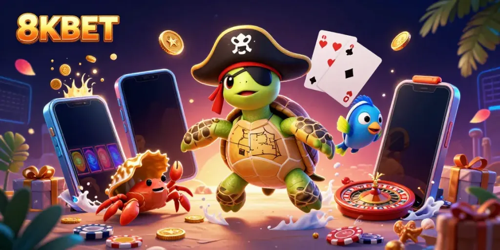 Experience thrilling gaming adventures with 8KBET featuring colorful slot reels and magical treasures.