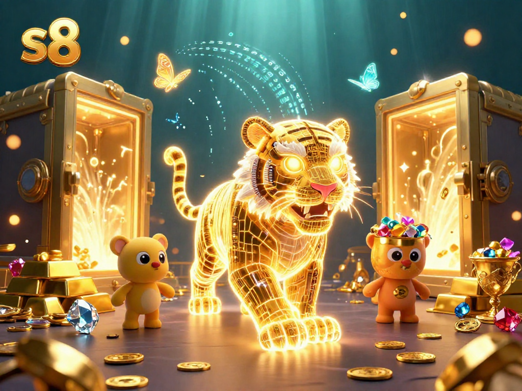 Win big at s8 casino with a golden tiger prowling amidst treasures and vibrant 3D elements.