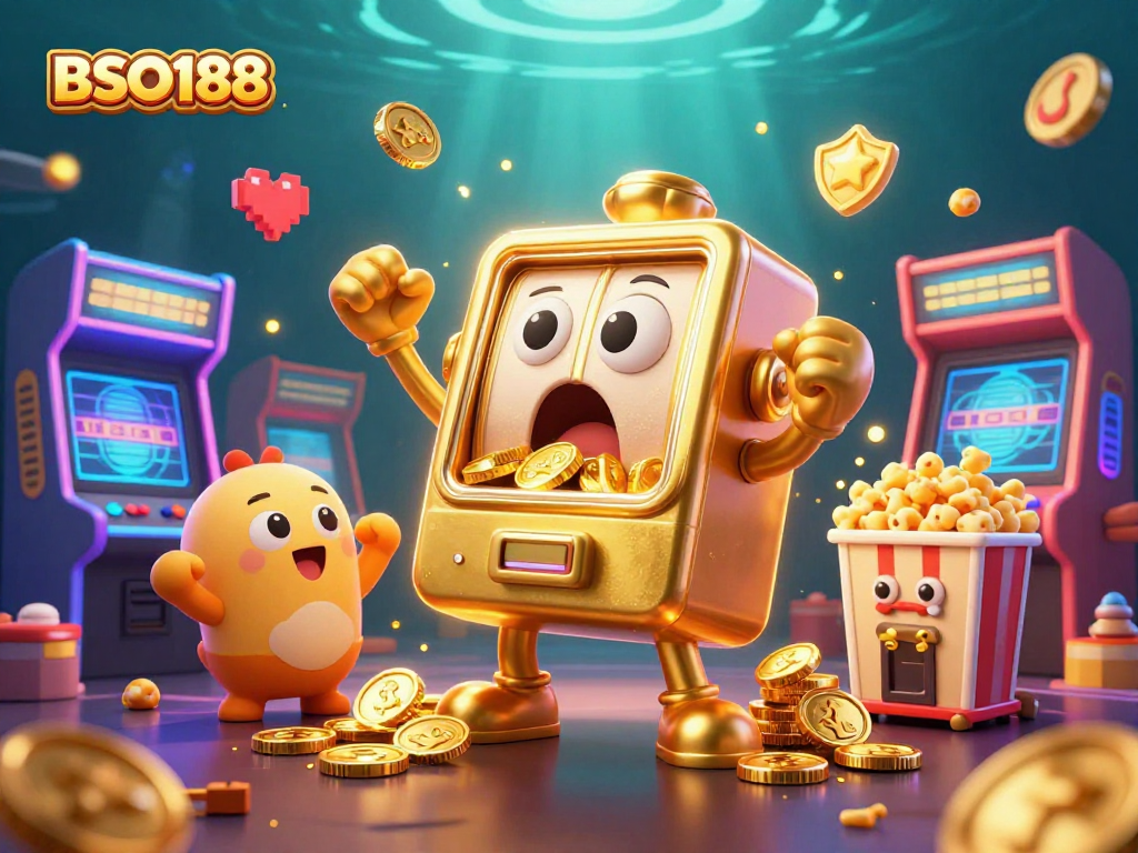 BSO188 slot machine celebrating a jackpot with coins pouring out in a vibrant casino scene.