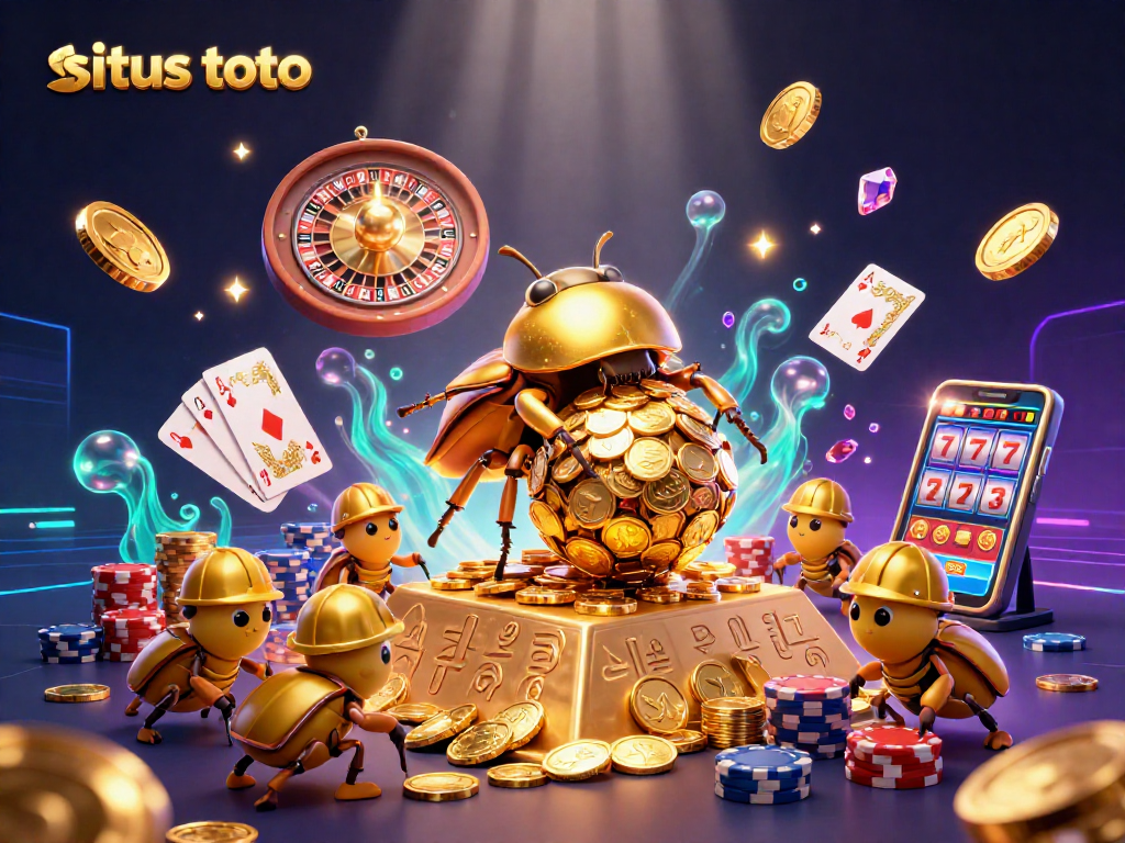 Menangkan hadiah dengan situs toto sambil melihat kecoa emas menggulung koin di piramida.