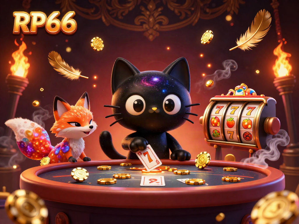 Engage with RP66's cosmic casino experience featuring a black hole cat at the table, capturing golden chips in a vibrant scene.