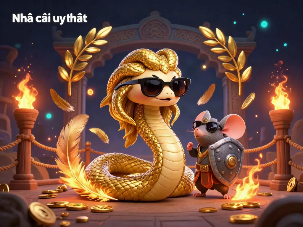 Engage with Nhà cái uy tín through vibrant 3D illustration featuring Medusa and a warrior mouse amidst betting elements.