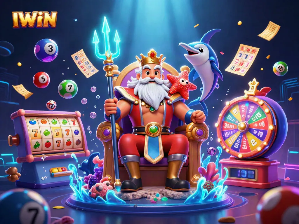 IWIN: Experience thrilling slot adventures with a vibrant illustration of Neptune and engaging game elements.