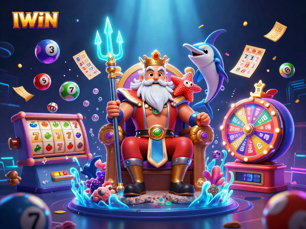 IWIN: Experience thrilling slot adventures with a vibrant illustration of Neptune and engaging game elements.