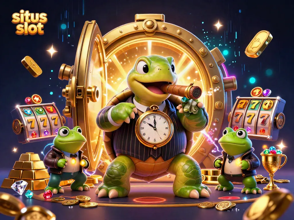 Situs slot gameplay illustrated with a cartoon turtle and bullfrog enforcers amidst sparkling treasures.