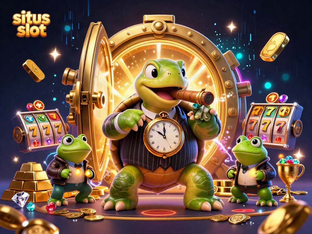 Situs slot gameplay illustrated with a cartoon turtle and bullfrog enforcers amidst sparkling treasures.