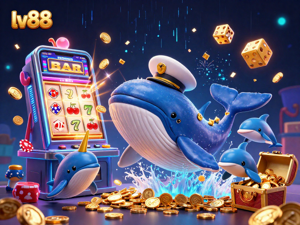 lv88 offers a vibrant online casino experience featuring a jubilant whale, narwhal, and dolphins with poker chips.