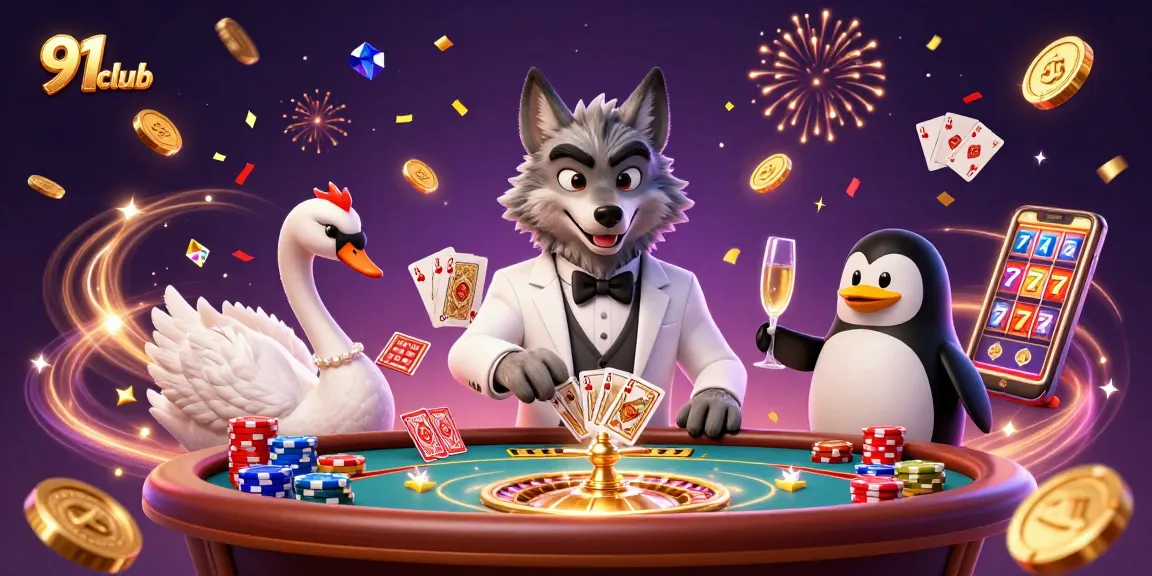 Experience thrilling gameplay with 91club as cartoon characters celebrate wins at a casino scene.