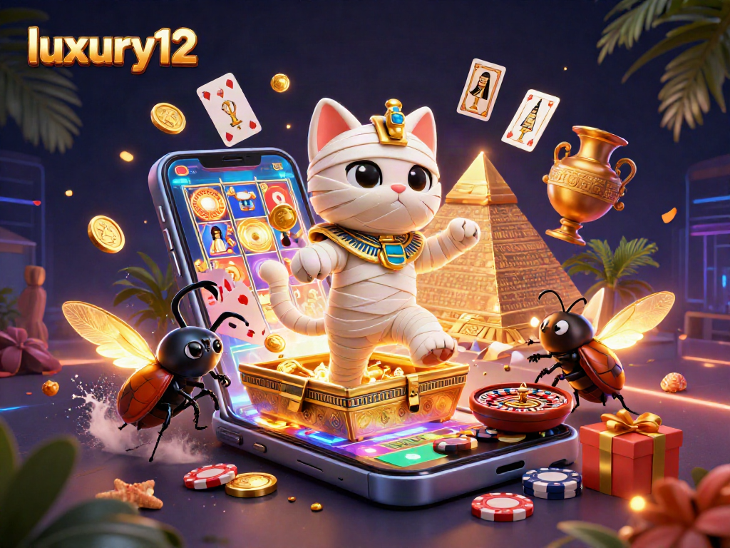 Engage in luxury12 slot games with a dynamic scene of a mummy cat amidst vibrant casino elements.