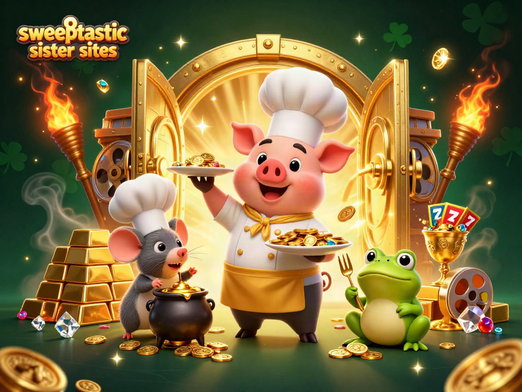Sweepstakes gaming excitement with Sweeptastic sister sites, featuring golden coins and slot reels