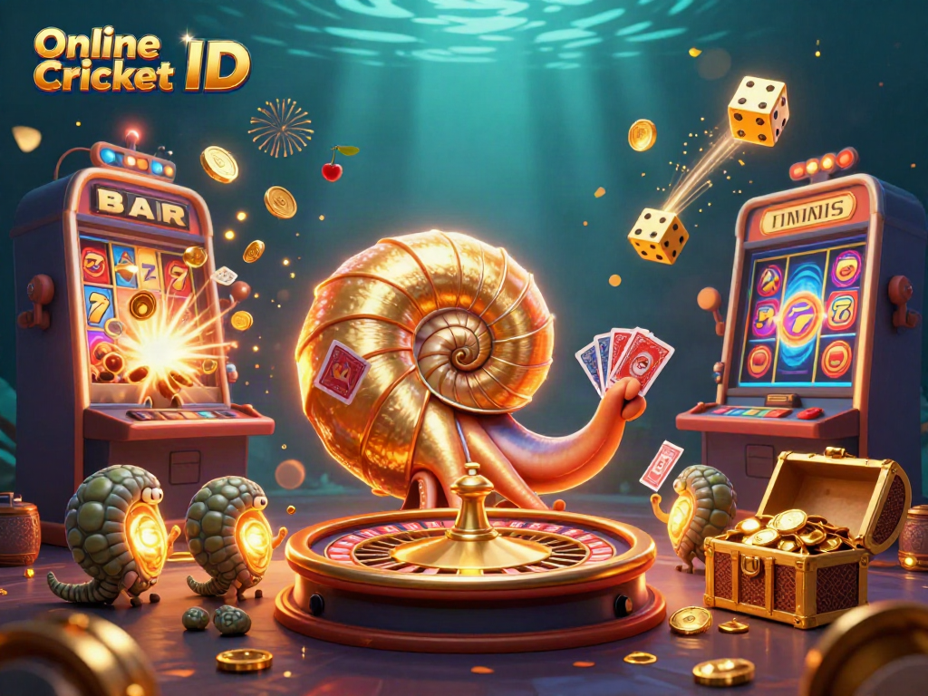 Win big with Online Cricket ID backed by a glowing nautilus and vibrant casino symbols.