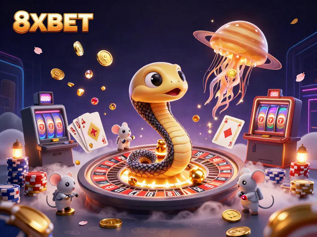 Experience thrilling gameplay at 8XBET, where cosmic characters interact in a vibrant casino environment.