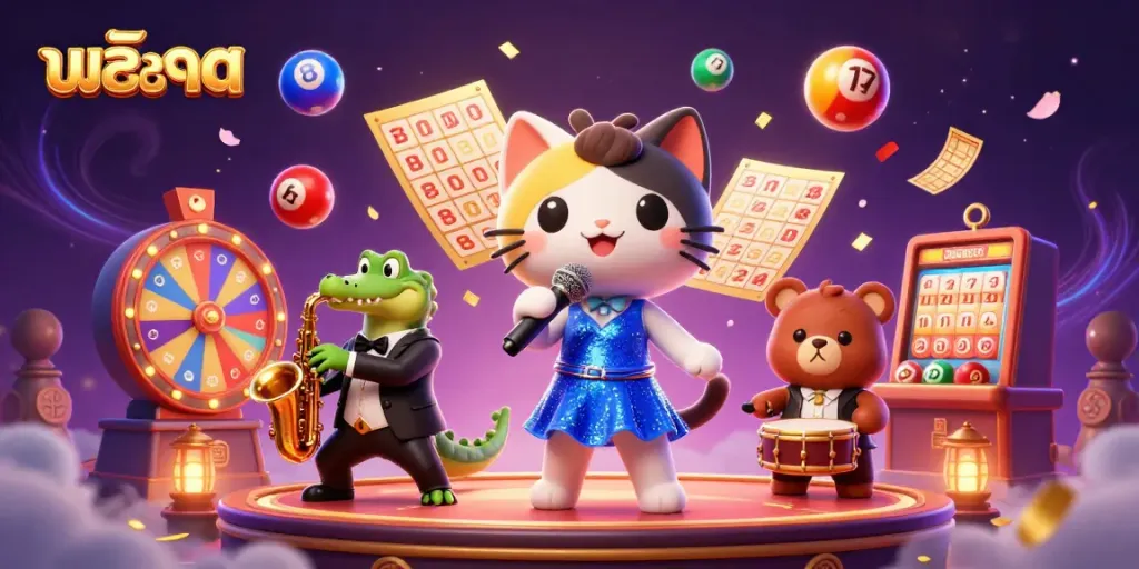 เล่นเกมสล็อตในบรรยากาศคาสิโนที่มีสัตว์การ์ตูนเล่นดนตรีและลูกบอลลอตเตอรี