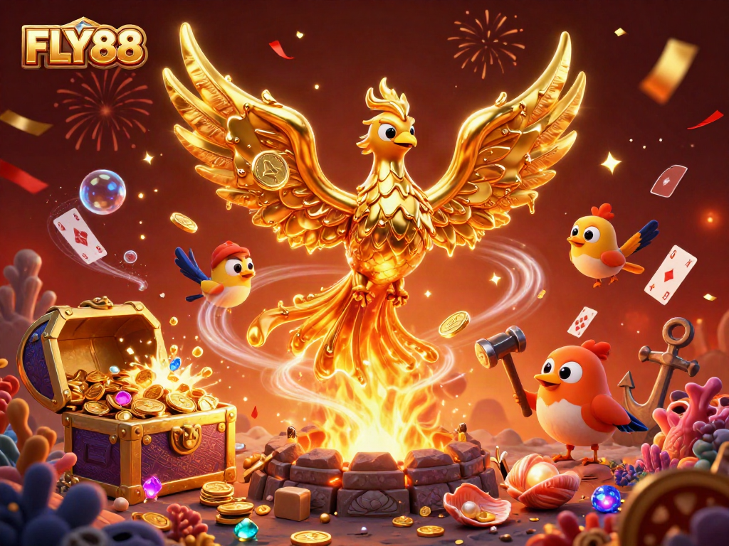 Engage with FLY88's vibrant gameplay featuring treasure chests, phoenix, and dynamic gaming elements.