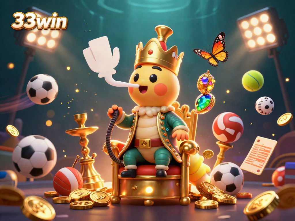 Experience the dynamic action of 33win with a vibrant casino theme featuring a caterpillar master and sports elements.