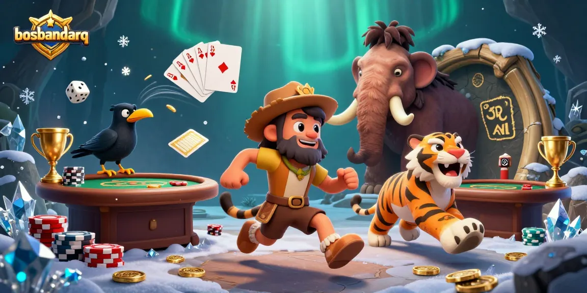 Experience the excitement of bosbandarq with cavemen, poker chips, and dynamic game elements in this vibrant scene.