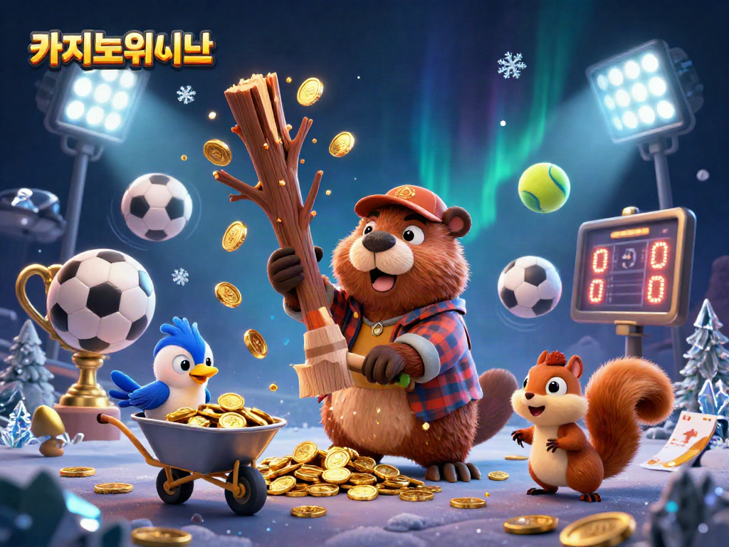 금화가 쏟아지는 나무를 베는 비버와 함께하는 카지노사이트의 동적 장면