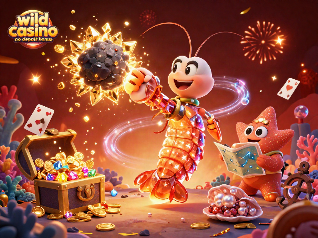 Experience the wild casino no deposit bonus with vibrant characters and gambling action amidst gold and gems.