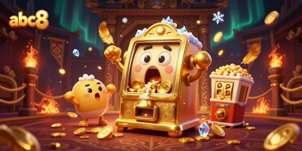 abc8 slot machine celebrates a jackpot with coins pouring out, surrounded by cheering mini slot machines.