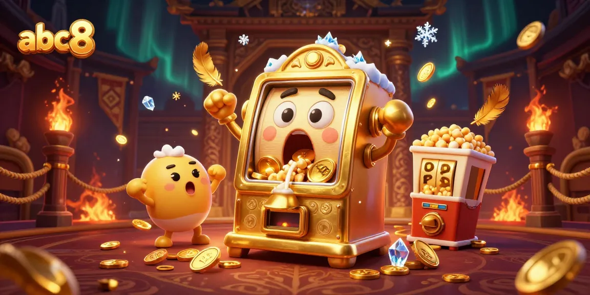 abc8 slot machine celebrates a jackpot with coins pouring out, surrounded by cheering mini slot machines.