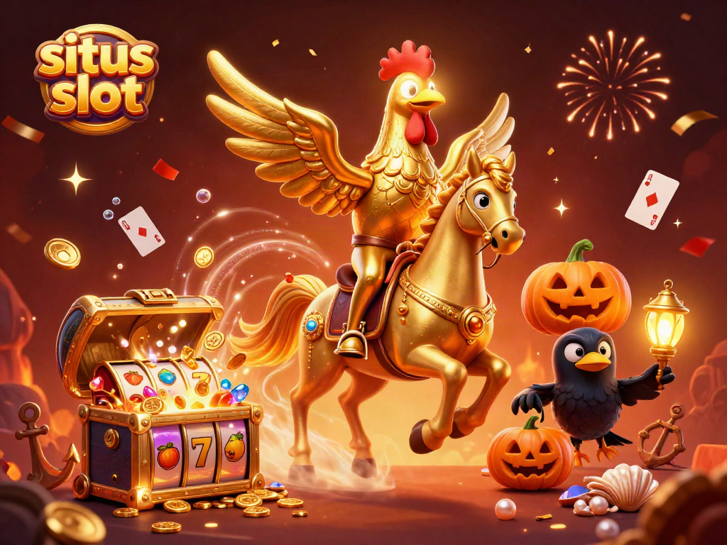 Ilustrasi 3D situs slot menampilkan ayam jantan emas di kasino malam dengan harta karun dan koin berkilauan.