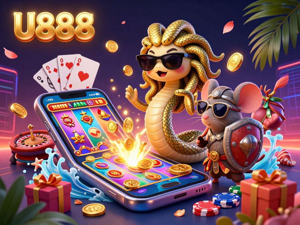 Engage with U888's vibrant casino scene featuring dynamic characters and interactive gaming elements.