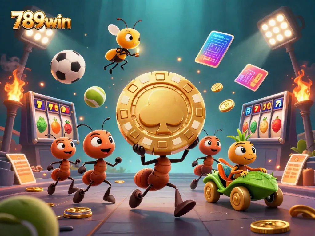 Engage in thrilling gameplay with 789win as a cartoon team of ants steals a massive poker chip.
