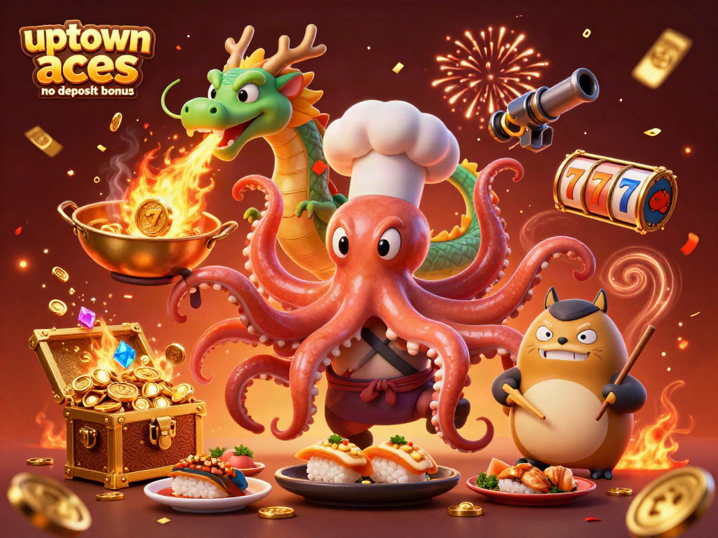 Engage with the uptown aces no deposit bonus scene, where a cartoon octopus chef prepares golden dishes amidst slot reels and festive confetti.