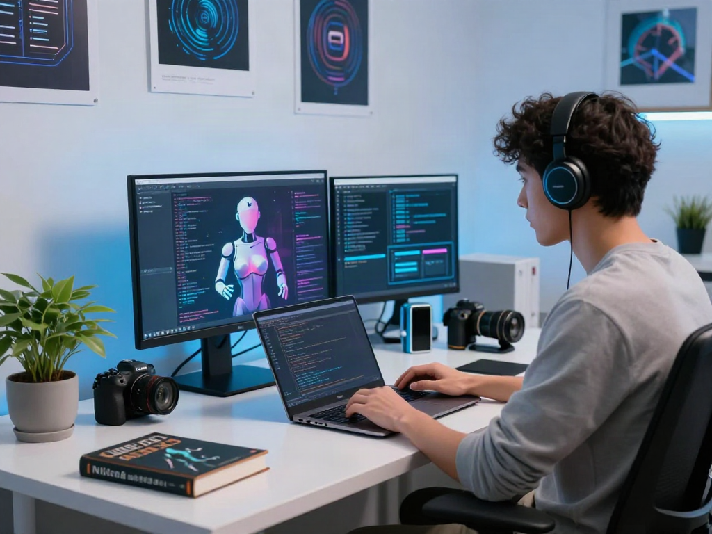 Programmer engaging with an AI sex bot interface in a modern workspace, highlighting tech innovation and productivity.
