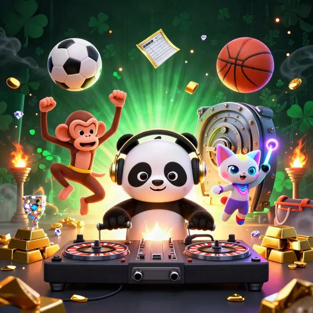 Panda DJ, monkey, and glow-stick kitten amid casino treasure, balls, and neon sparks.