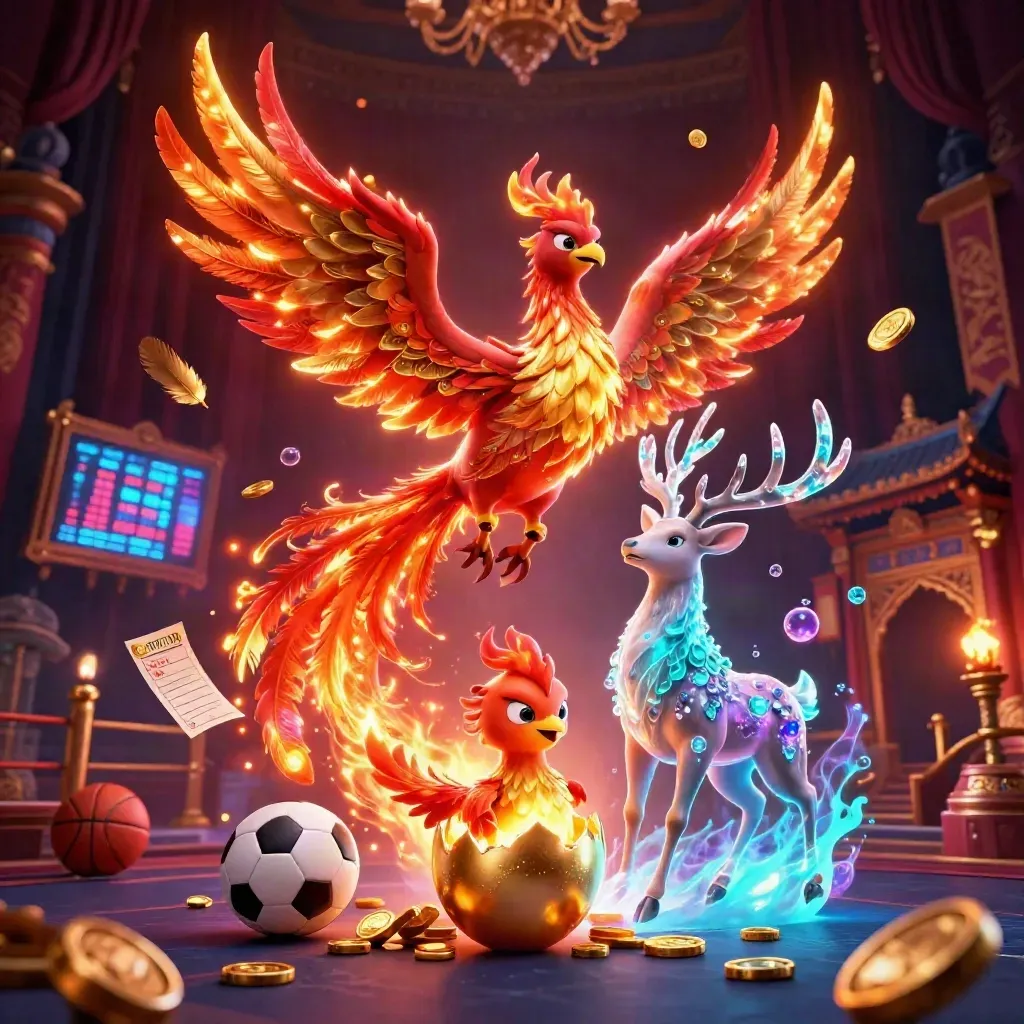 Phoenix, stag, and sports balls in neon fantasy casino key art