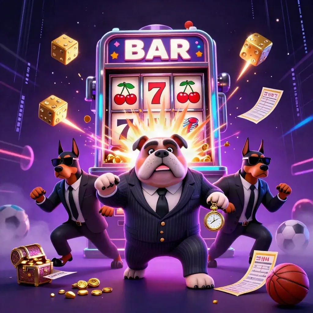 Mafia-boss bulldog and Dobermans amid slot burst, gold, balls, and neon casino energy.