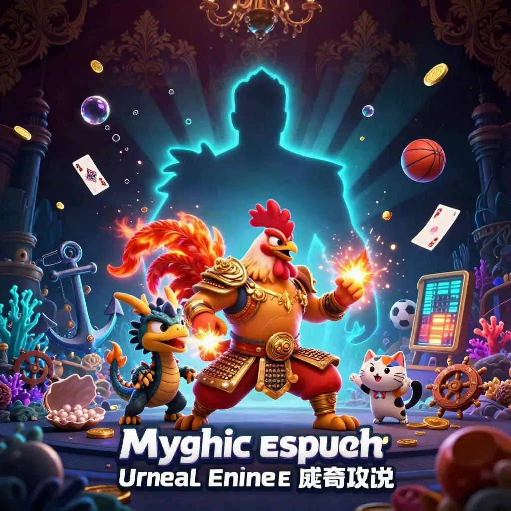 Rooster warrior, dragon hatchling, and cheering fortune cat in a neon treasure cove