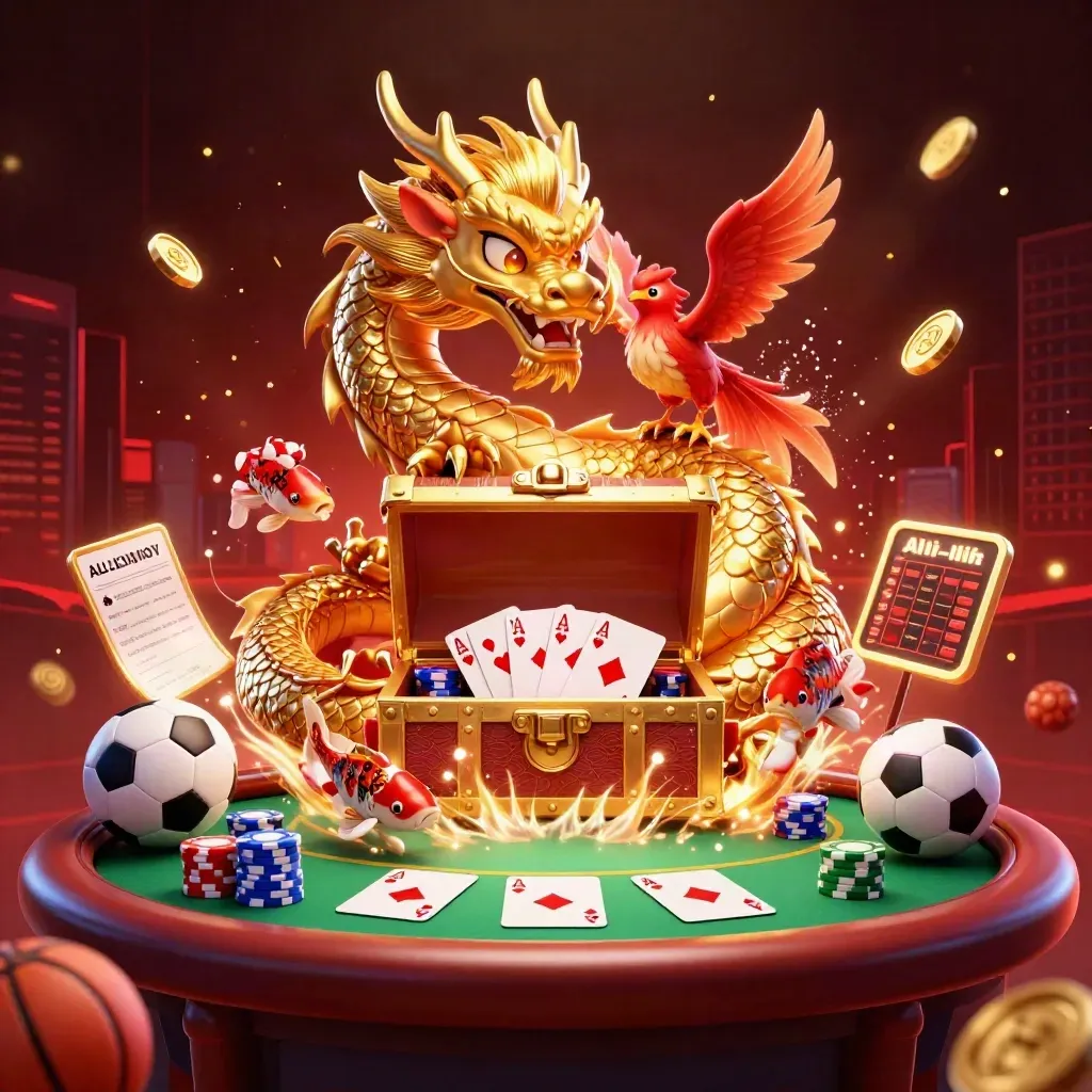 Golden dragon with phoenix and koi amid casino chips, cards, and neon city glow